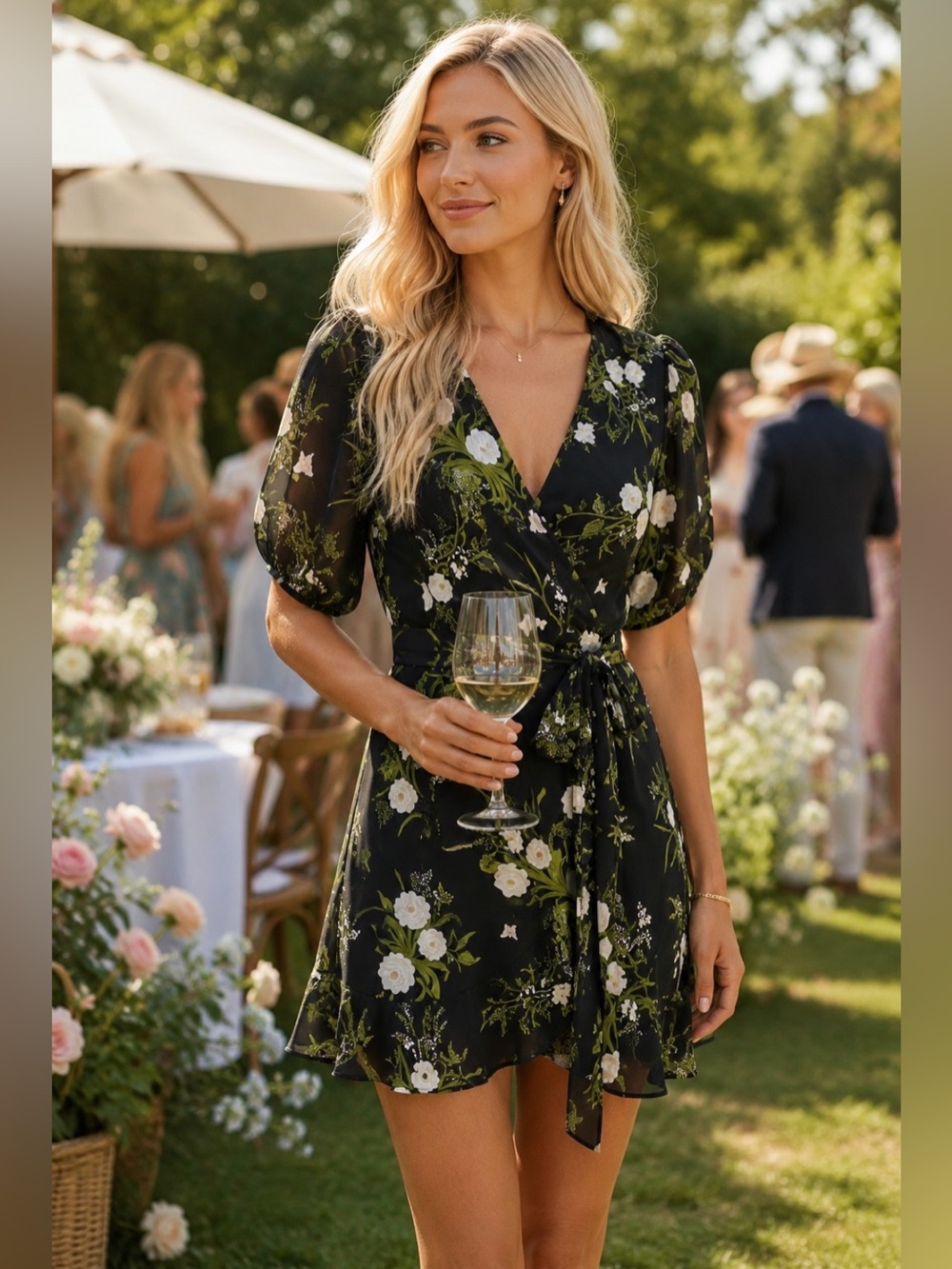 Reformation Black Floral Wrap Mini Dress